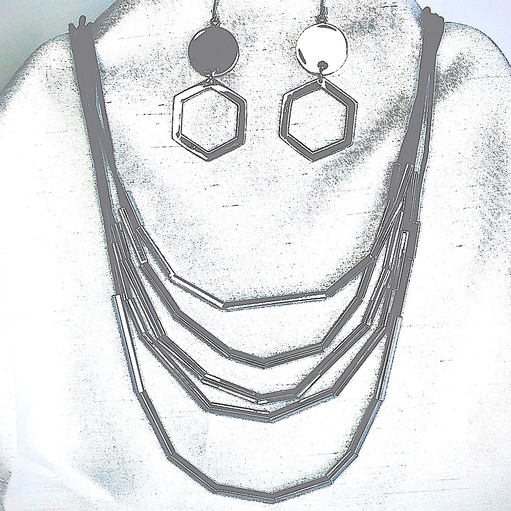 DONATED Loft Silver Bar Necklace & Geometric Earrings. 15” & 2 1/2”. - Picture 2 of 5